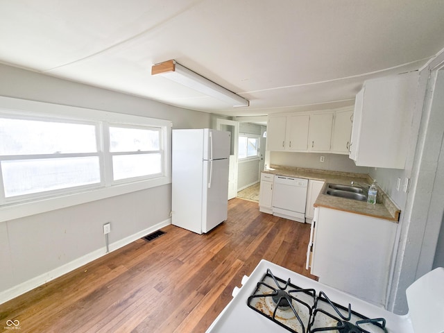 kitchen featuring white cabinetry, sink, dark hardwood / wood-style flooring, and white appliances