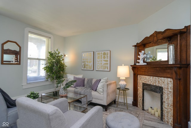 living room with a fireplace