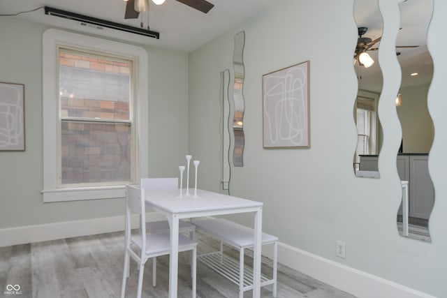 dining area with ceiling fan and light hardwood / wood-style floors