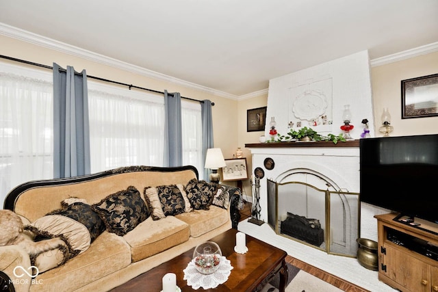 living room featuring ornamental molding and hardwood / wood-style floors