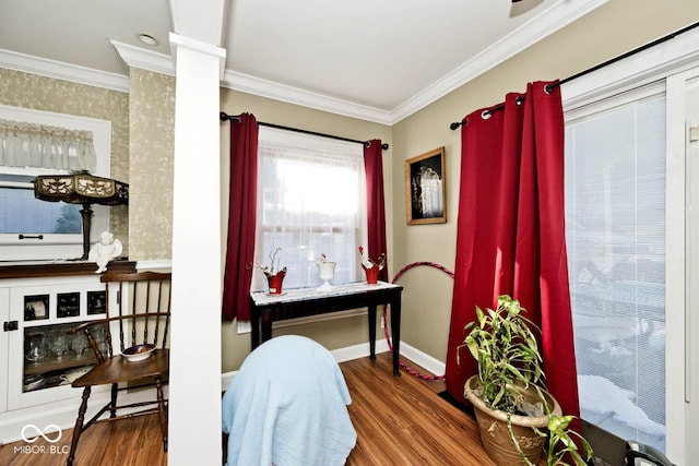 interior space featuring crown molding and hardwood / wood-style floors