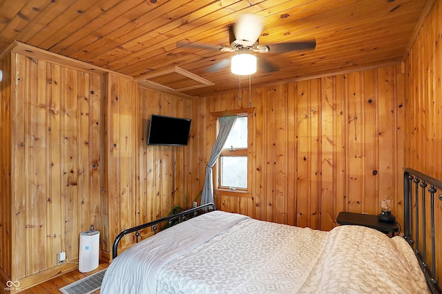 bedroom featuring hardwood / wood-style floors, wood ceiling, wooden walls, and ceiling fan