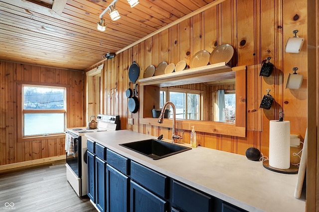 kitchen with wooden walls, sink, white electric range oven, light hardwood / wood-style floors, and wooden ceiling