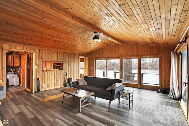 living room with vaulted ceiling with beams, hardwood / wood-style floors, wooden ceiling, and wooden walls