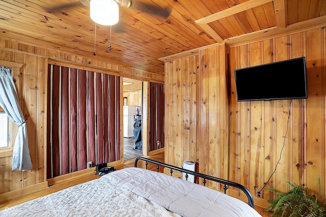 bedroom with wood ceiling and wood walls