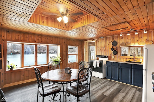 dining room with sink, a wealth of natural light, and wooden ceiling