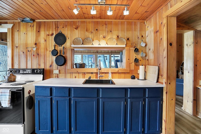 kitchen featuring wood ceiling, sink, white electric range, and blue cabinetry