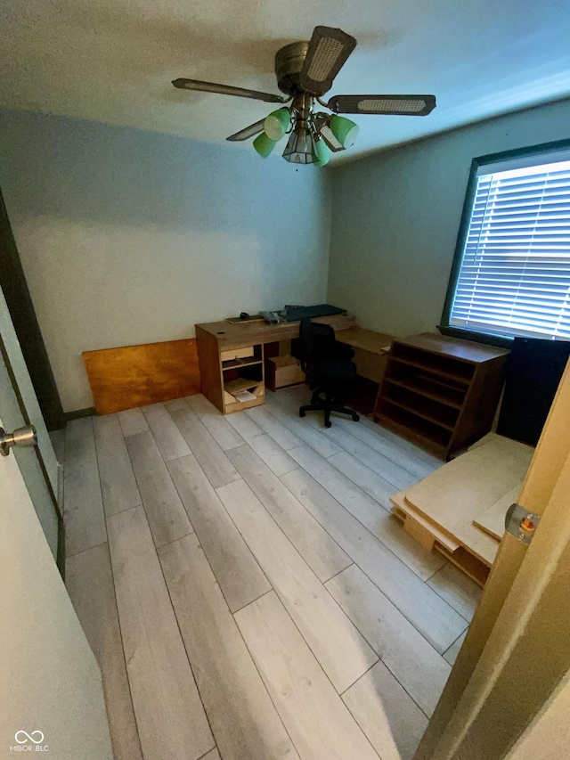 office space with ceiling fan and light hardwood / wood-style floors