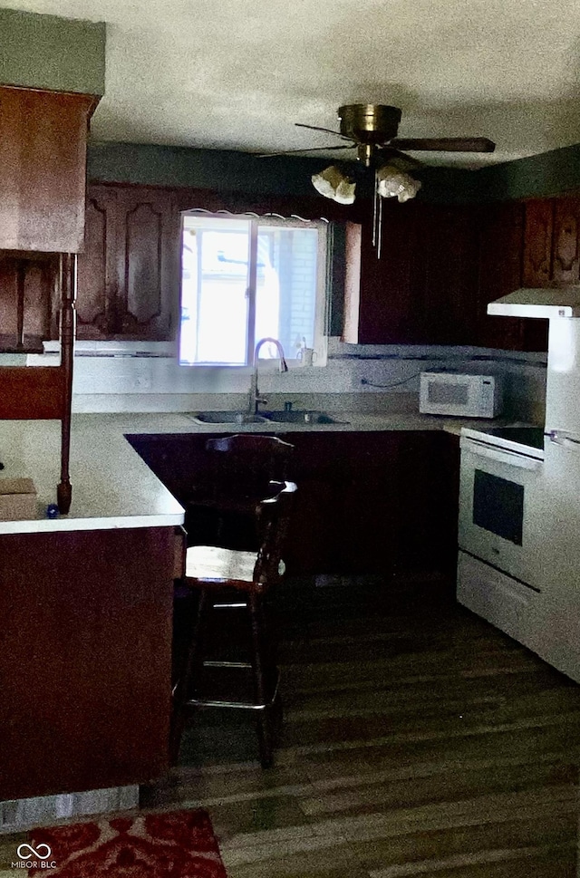 kitchen with white range with electric stovetop, ceiling fan, dark hardwood / wood-style flooring, a textured ceiling, and sink