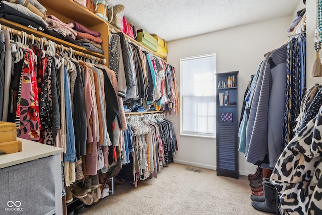 walk in closet featuring light carpet