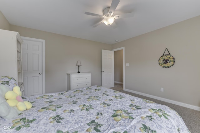 bedroom with ceiling fan and carpet