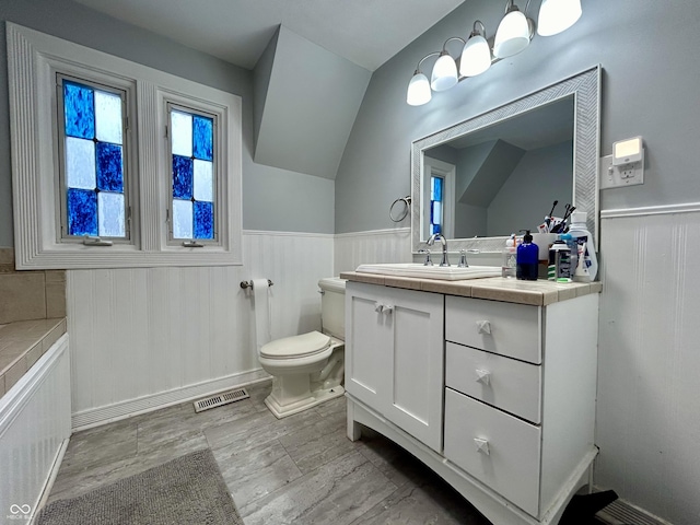 bathroom with toilet, vanity, and vaulted ceiling