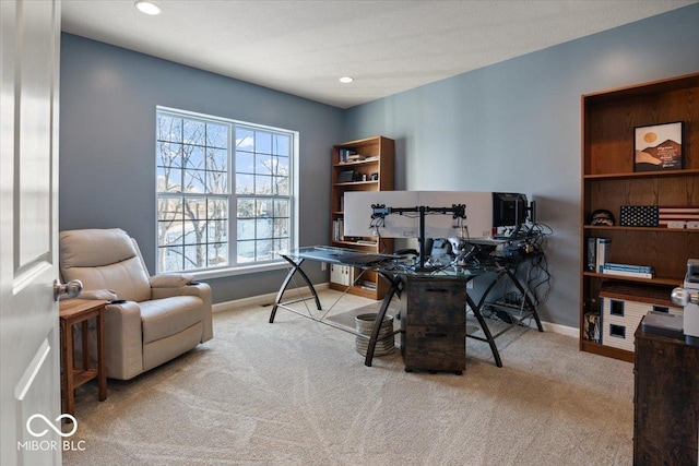 home office featuring light colored carpet