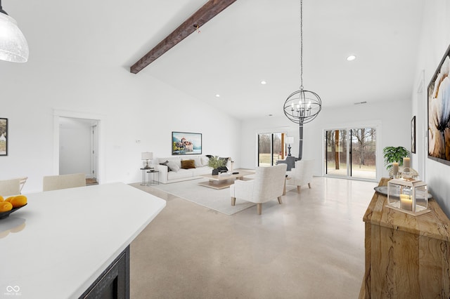 1600 S Morgantown Rd, Morgantown, IN 46160 - living room featuring high vaulted ceiling, concrete flooring, an inviting chandelier, beam ceiling, and recessed lighting