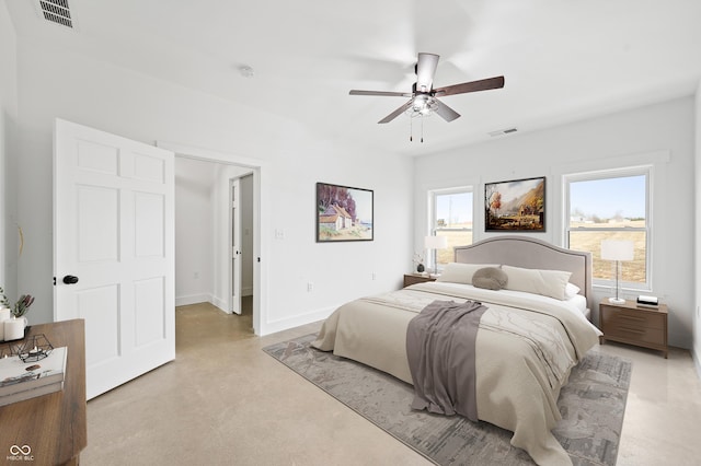 1600 S Morgantown Rd, Morgantown, IN 46160 - bedroom with concrete floors, a ceiling fan, visible vents, and baseboards