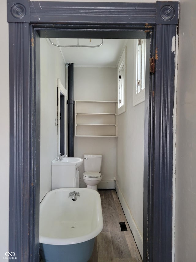 bathroom with toilet, a bathtub, wood-type flooring, and sink