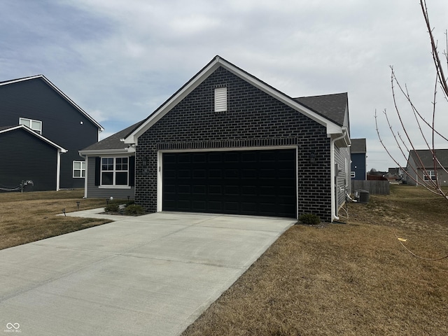 ranch-style home featuring brick siding, driveway, an attached garage, and central air condition unit