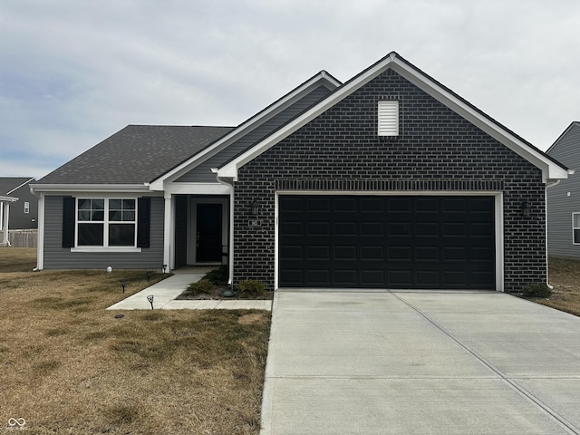 ranch-style home with a garage, a shingled roof, brick siding, driveway, and a front lawn