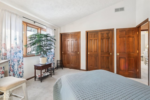 carpeted bedroom with lofted ceiling, a textured ceiling, and two closets