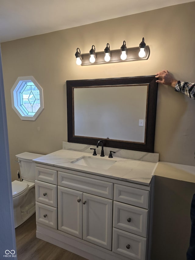 bathroom featuring toilet, vanity, and hardwood / wood-style flooring