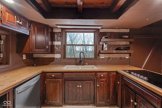 kitchen with black stovetop, butcher block counters, sink, stainless steel dishwasher, and dark brown cabinetry