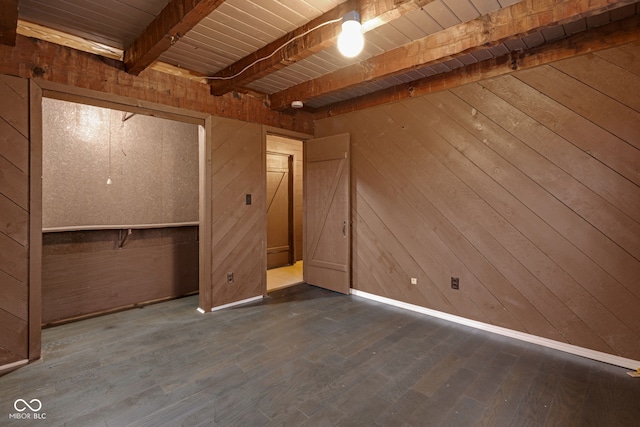 interior space featuring wood ceiling, dark hardwood / wood-style floors, beamed ceiling, and wood walls