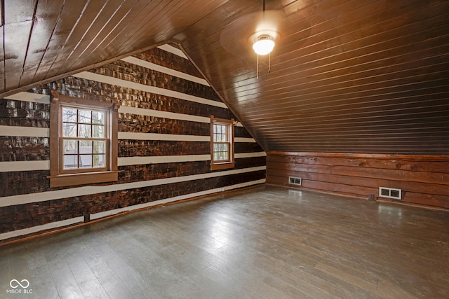 bonus room featuring hardwood / wood-style flooring, vaulted ceiling, wood ceiling, and wooden walls