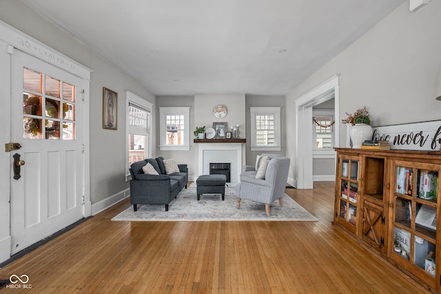 interior space featuring baseboards, wood finished floors, and a glass covered fireplace