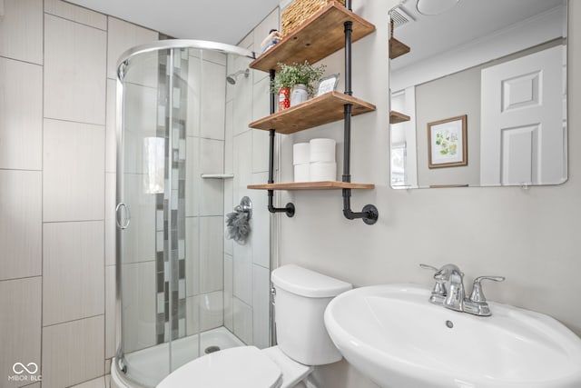 bathroom featuring a sink, a shower stall, and toilet