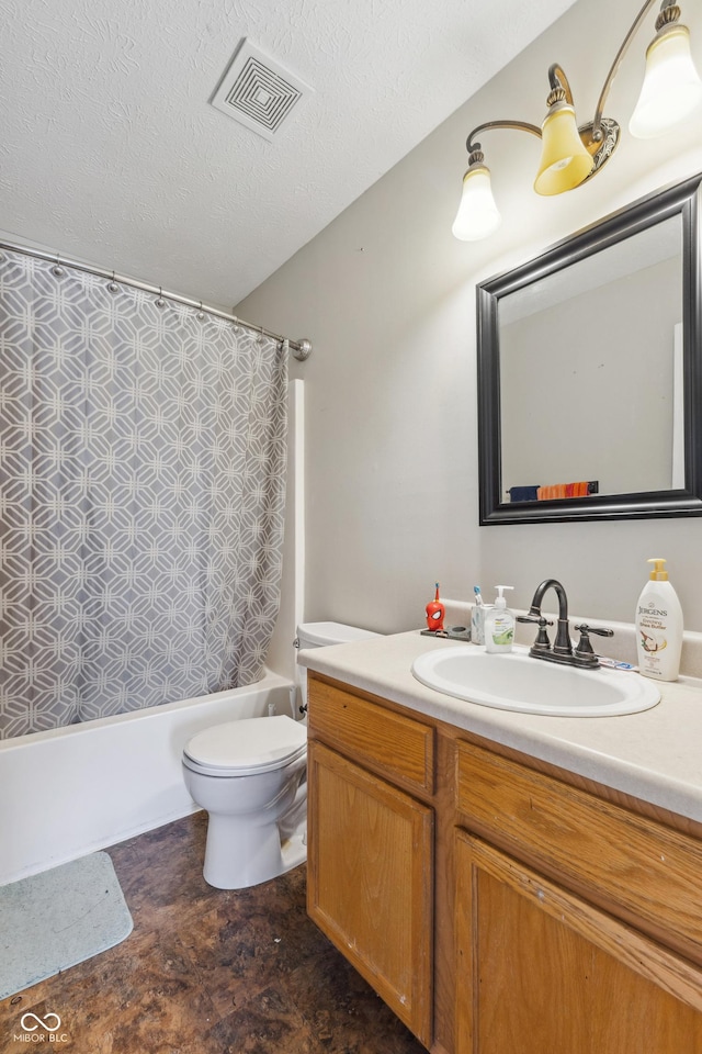 full bathroom with toilet, vanity, shower / bath combination with curtain, and a textured ceiling