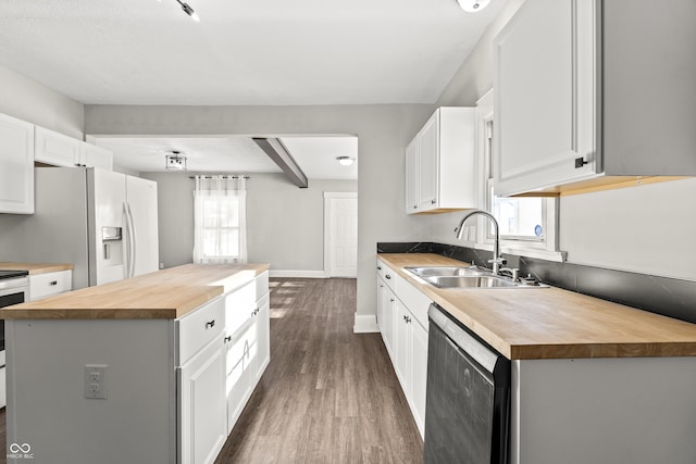 kitchen featuring white cabinetry, sink, wooden counters, white fridge with ice dispenser, and stainless steel dishwasher