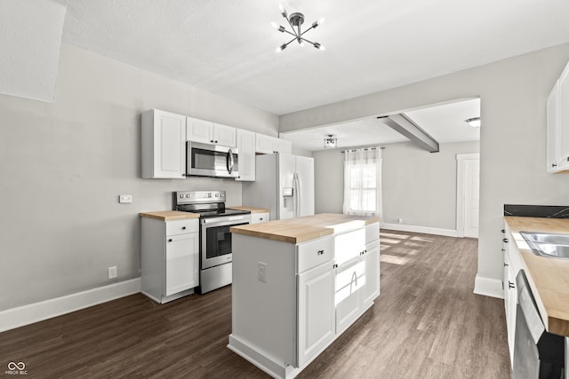 kitchen featuring sink, wooden counters, appliances with stainless steel finishes, dark hardwood / wood-style floors, and white cabinets