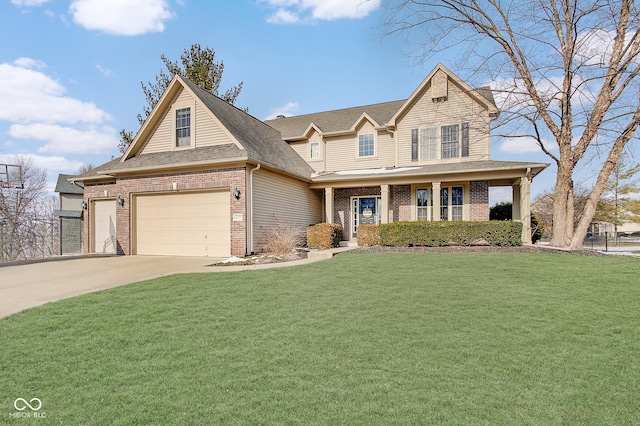 view of front of property featuring a porch, a garage, and a front lawn