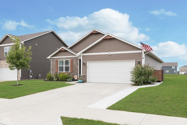 craftsman house with a front lawn and a garage