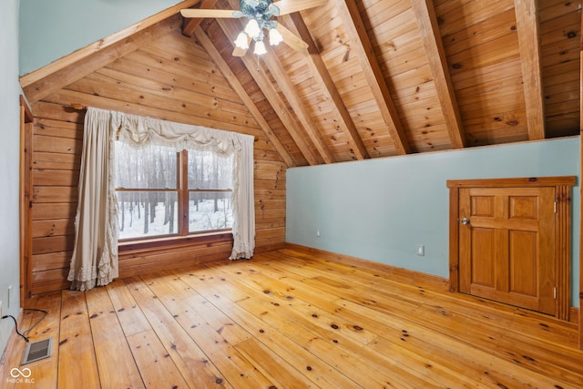 additional living space featuring light hardwood / wood-style floors, wooden ceiling, vaulted ceiling with beams, and wooden walls