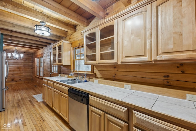 kitchen featuring dishwasher, wooden walls, sink, tile countertops, and beam ceiling