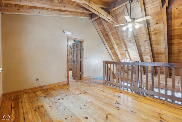 bonus room with wooden ceiling, ceiling fan, wood-type flooring, and lofted ceiling with beams