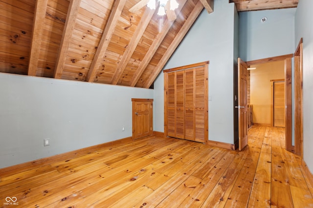 bonus room with wood ceiling, beamed ceiling, light hardwood / wood-style floors, high vaulted ceiling, and ceiling fan