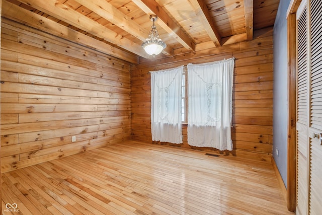 spare room with wood ceiling, light hardwood / wood-style floors, wooden walls, and beamed ceiling