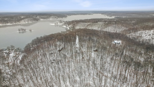 snowy aerial view with a water view