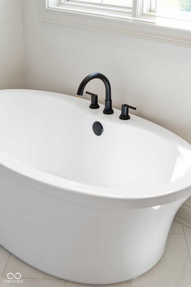 interior details featuring a freestanding tub and a sink