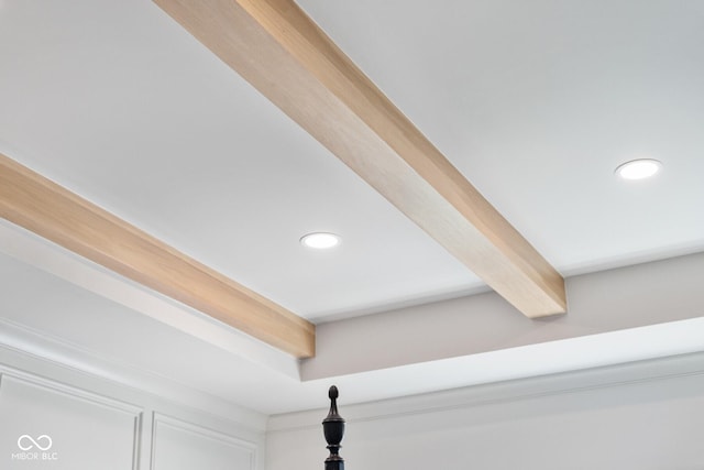 details with beamed ceiling and recessed lighting