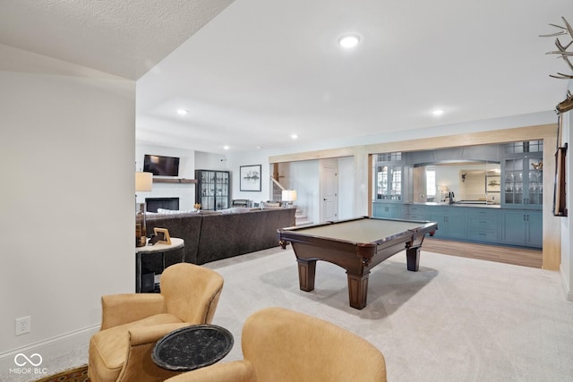 rec room featuring recessed lighting, pool table, a fireplace, and baseboards