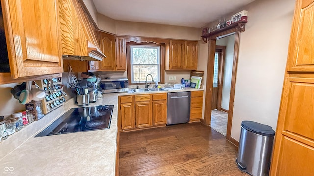 kitchen with dark wood-type flooring, appliances with stainless steel finishes, and sink