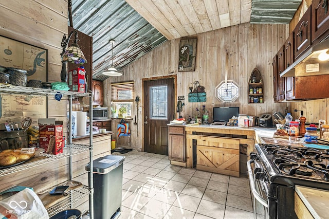 kitchen with wood ceiling, lofted ceiling, and wooden walls