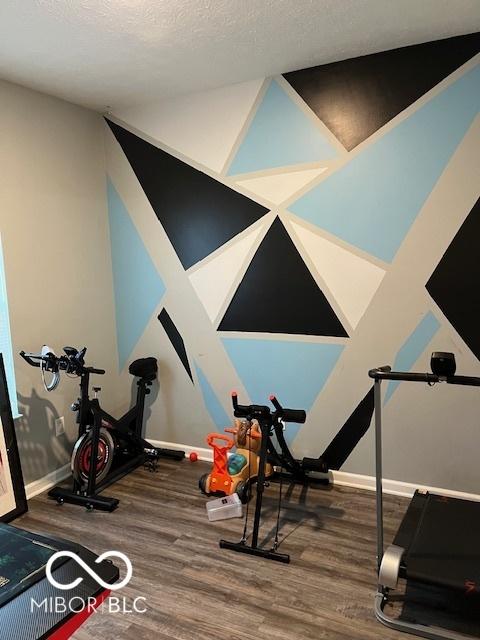 workout room featuring hardwood / wood-style floors