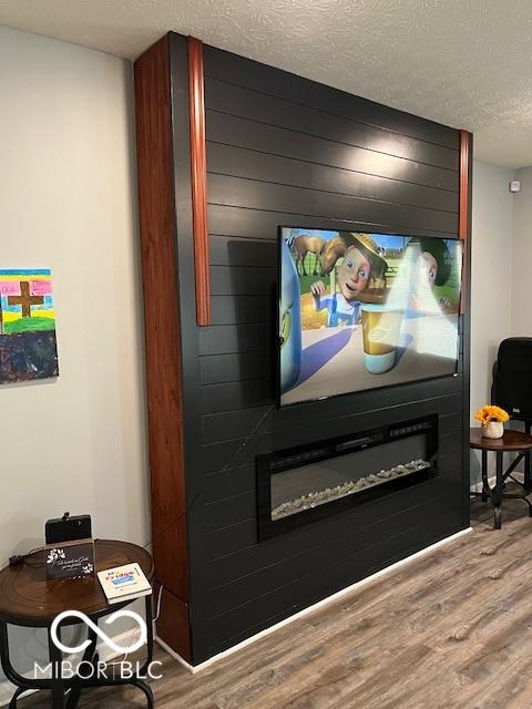 room details featuring wood-type flooring, a textured ceiling, and a fireplace