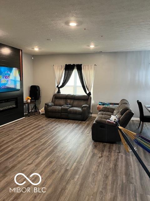 living room featuring a textured ceiling and wood-type flooring