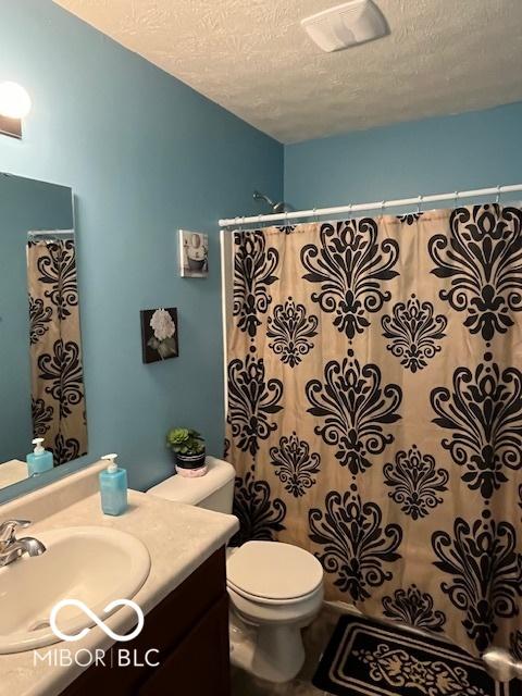 bathroom featuring toilet, vanity, and a textured ceiling