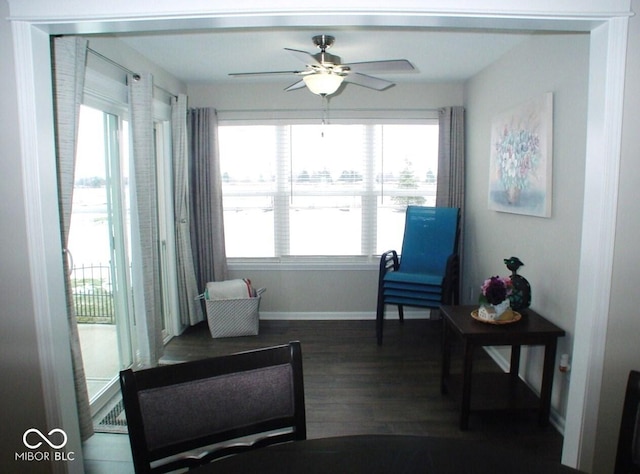 sitting room featuring dark hardwood / wood-style floors, a wealth of natural light, and ceiling fan